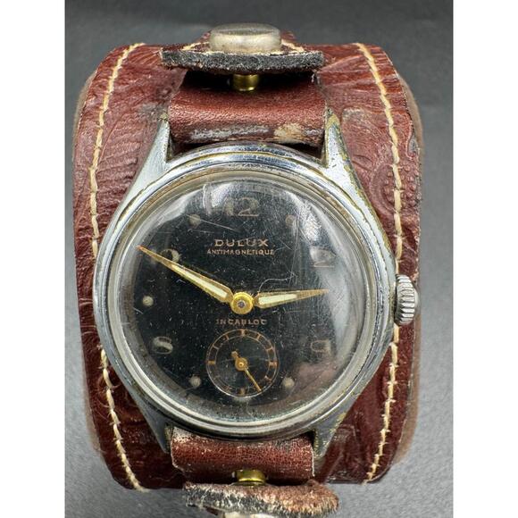 Vintage 1950s Dulux Antimagnetique Incabloc Black Gilt Dial Rau Fastener Bund St